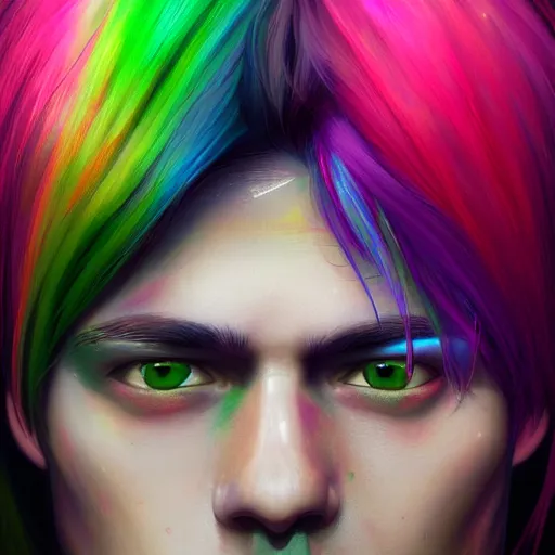 Prompt: portrait of a teenage male human with rainbow hair and green eyes and dark skin fantasy artwork epic detailed and intricate digital painting trending on artstation by wlop octane render