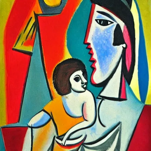 Prompt: A Picasso painting of a mother and a child on a beach