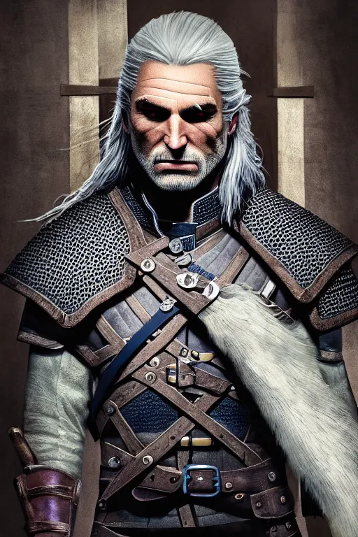 Image similar to portrait of geralt of rivia, 5 5 mm lens, professional photograph, times magazine, serious, stern look