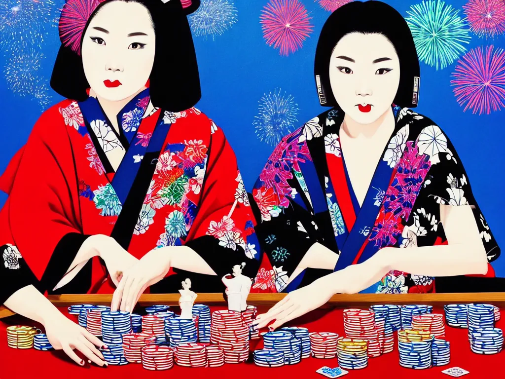 Image similar to hyperrealistic composition of the detailed woman in a japanese kimono sitting at a poker table with detailed darth vader, fireworks, mount fuji on the background, pop - art style, jacky tsai style, andy warhol style, acrylic on canvas