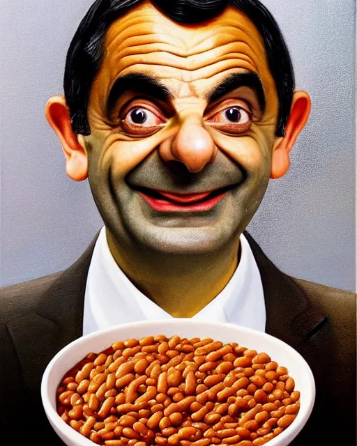 Prompt: portrait of mr bean smiling in a bowl full of baked beans, face covered in beans and tomato sauce, rowan atkinson, mr bean face, oil painting, highly detailed