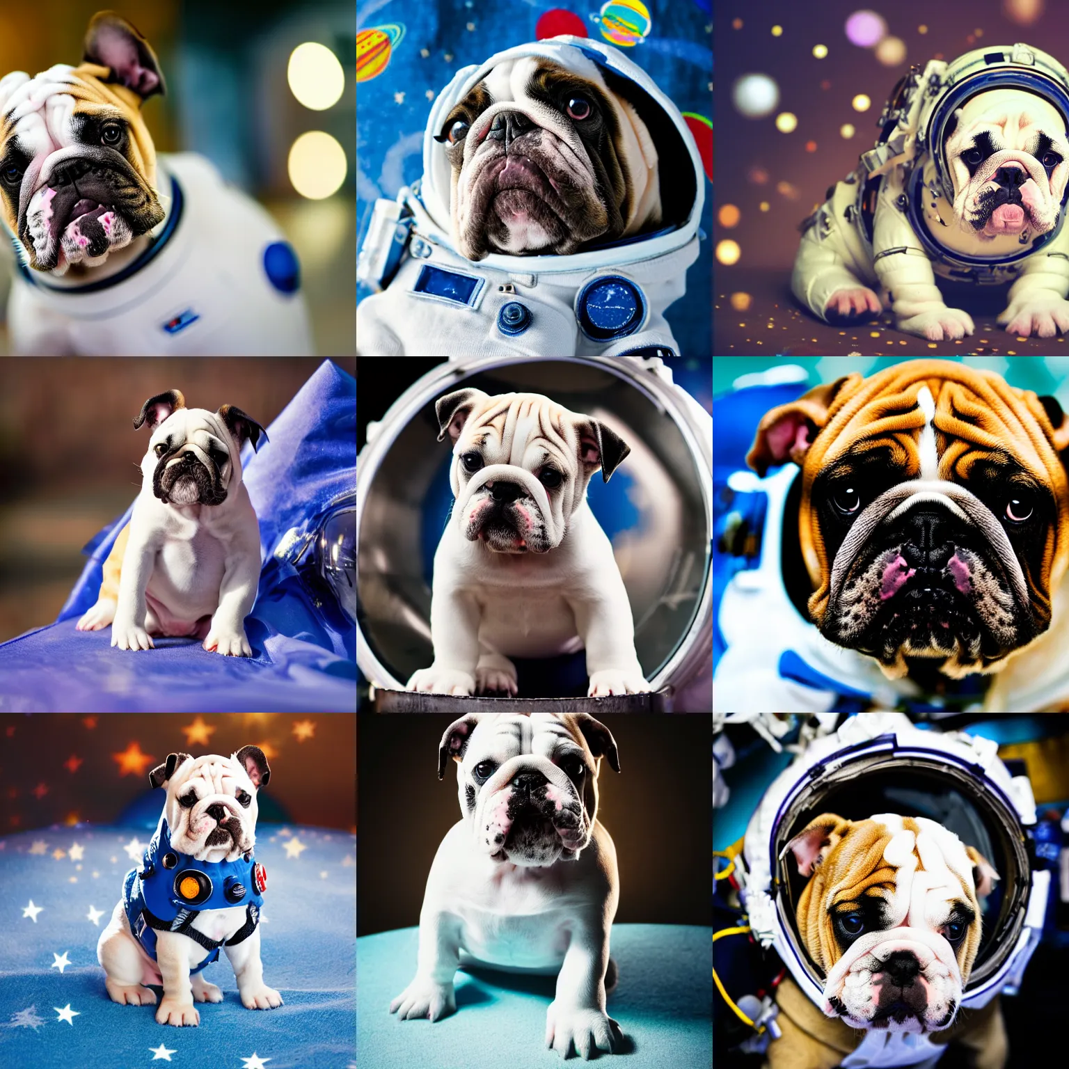 Prompt: a bulldog puppy in a space suit, bokeh, 3 2 megapixel