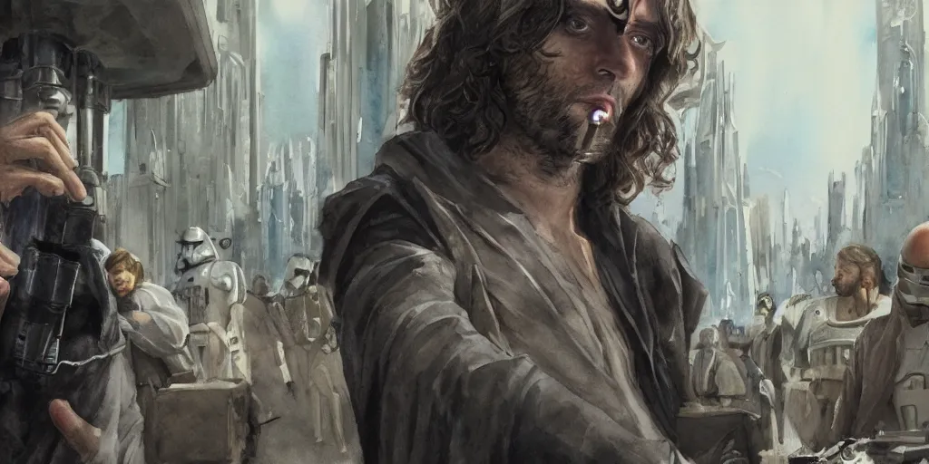 Image similar to a realistic star wars watercolor fantasy concept cart of chris d'elia as a drug dealer in a sleazy futuristic city of coruscant, hq, 4 k