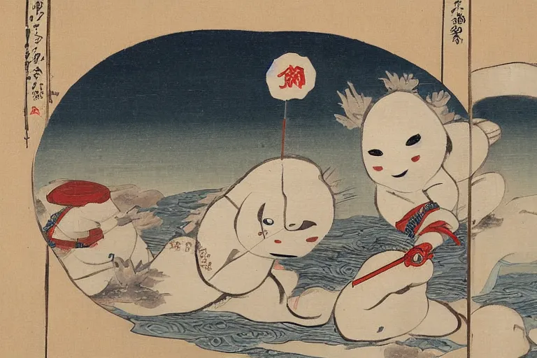 Image similar to baby harp seal as oni, Japanese painting, 1800