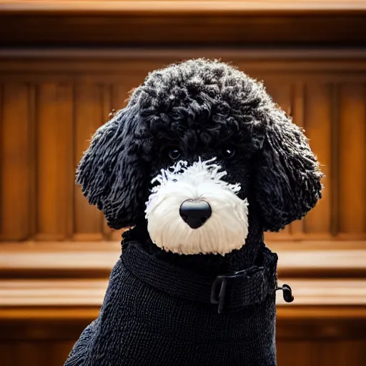 Image similar to a closeup photorealistic photograph of a cute smiling knitted bernedoodle judge dog dressed in a black gown, presiding over the courthouse. indoor image, professional capture, well lit shot. this 4 k hd image is trending on artstation, featured on behance, well - rendered, extra crisp, features intricate detail, epic composition and the style of unreal engine.