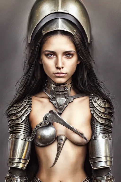 Image similar to a photorealistic painted portrait of an attractive young girl, partially clothed in metal-plated battle armor, olive skin, exotic appearance, long dark hair, flawless skin, beautiful bone structure, perfectly symmetric facial features, perfect photorealistic eyes, natural physique, intricate, elegant, digital painting, concept art, finely detailed, beautifully illustrated, sharp focus, minimal artifacts, from Metal Gear, by Ruan Jia and Mandy Jurgens and Artgerm and William-Adolphe Bouguerea, in the style of Greg Rutkowski, trending on Artstation, award winning art