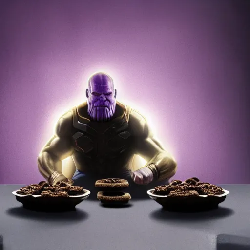Prompt: Thanos sitting down at a table eating Oreos, hyperdetailed, artstation, cgsociety, 8k