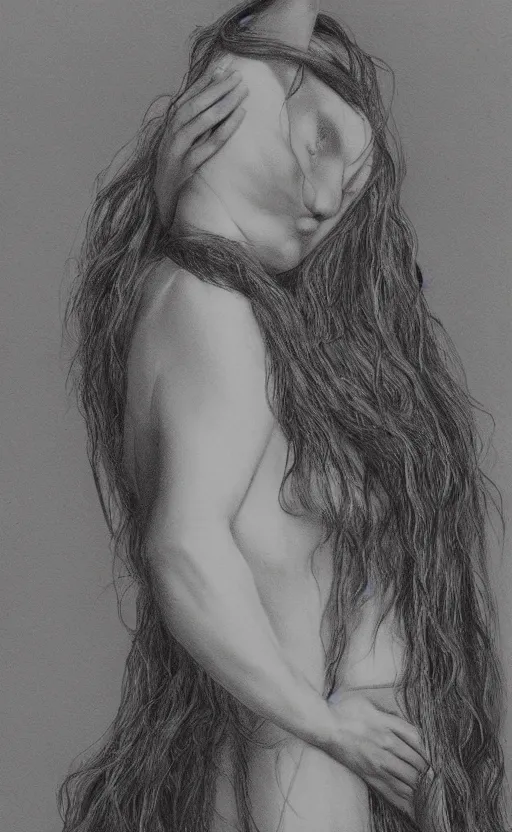 Image similar to the high priestess, by stephanie law, black and white graphite drawing, smooth render, 3 / 4 view