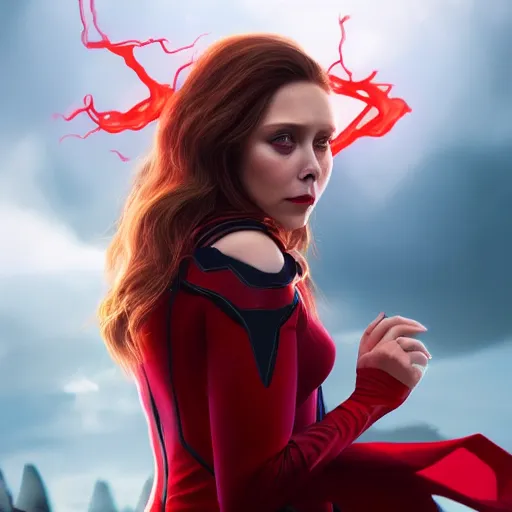 Prompt: elizabeth olsen as the scarlet witch afloat in the air with red eyes, red magic surrounds her, trending on artstation, 8 k quality, cgsociety contest winner, artstation hd, artstation hq, luminous lighting, beautiful cloudy atmosphere