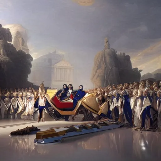 Image similar to sci fi car transport design organic smooth elastic forms 30% of canvas; wall structure on the coronation of napoleon painting 20% of canvas; by Jacques-Louis David, pinterest keyshot product render, cloudy plastic ceramic material shiny gloss water reflections, ultra high detail ultra realism, 4k