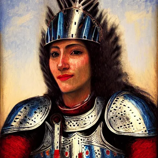 Prompt: head and shoulders portrait of a female knight, aztec!, cuirass, tonalist, symbolist, realistic, baroque, detailed, modeled lighting, haggard, vignetting, indigo and venetian red, angular, smiling, eagle