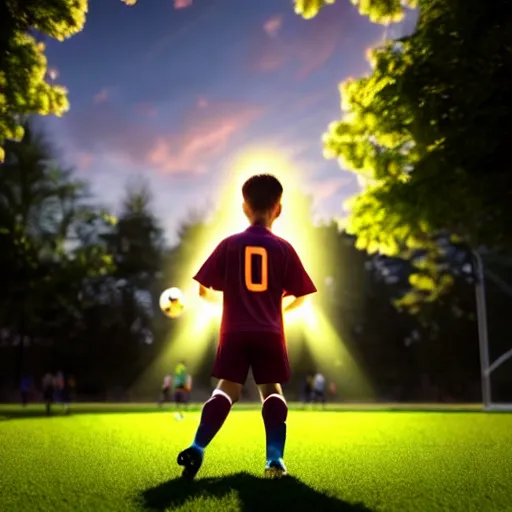 Image similar to a young boy wearing soccer clothes in the park ultra realistic, lens flare, atmosphere, glow, detailed, intricate, full of colour, cinematic lighting, trending on artstation, 4 k, hyperrealistic, focused, extreme details, unreal engine 5, cinematic, masterpiece, ultra realistic, hyper realistic, highly detailed, sharp focus, digital art