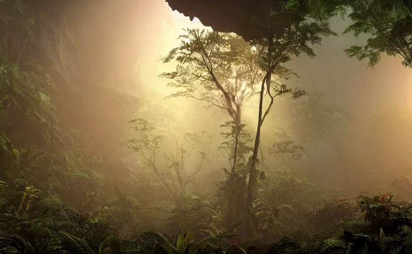 Image similar to a beautiful render of a dark prehistoric rainforest in a humongous cave, lush flora, patches of yellowish - red - magenta sky, sunset lighting, military!! industrial!! facility!!, intricate detail, hazy, humid, volumetric lighting, god rays, 8 k, photorealistic, raytracing effects, unreal engine 5