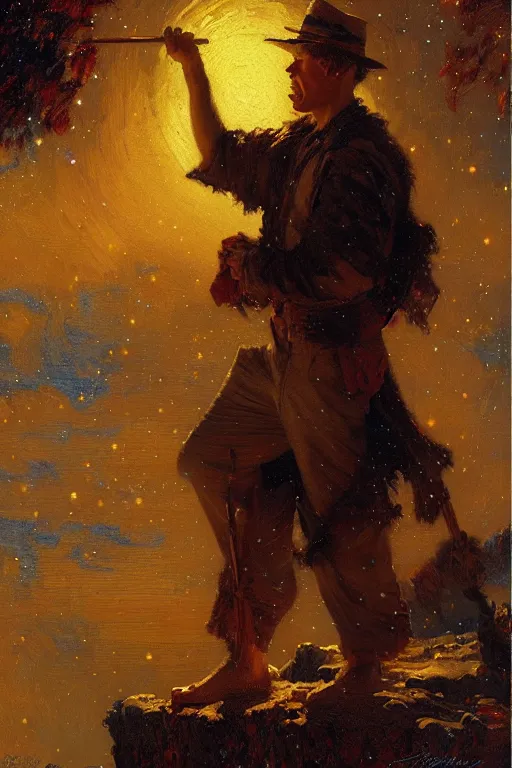 Image similar to attractive male playing pinao, starry night, painting by gaston bussiere, craig mullins, j. c. leyendecker