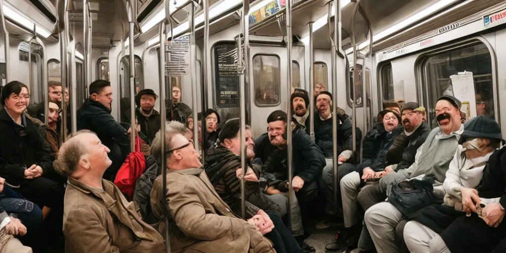 Image similar to a large stream of people in a subway car, there is a middle-aged man with a Hussar moustache, two people are standing to his right and laughing loudly. modern 4k 8k photorealistic highly detailed