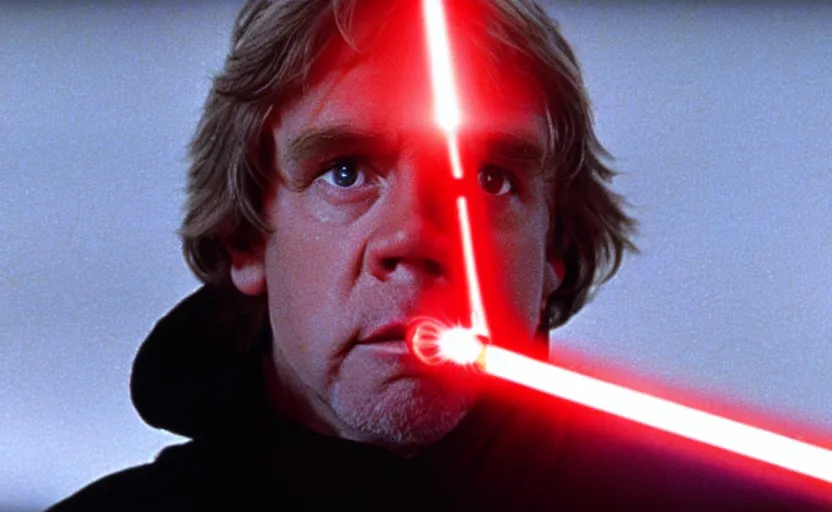 Prompt: screenshot close up portrait of Luke Skywalker's face with a red lightsaber inches away from slicing him, iconic scene from 1983 film by Stanley Kubrick, last jedi, 4k HD, movie still, explosions, cinematic lighting, beautiful portrait of Mark Hammill, moody scene, stunning cinematography, anamorphic lenses, kodak color film stock