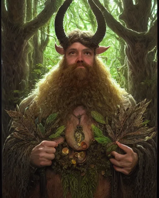 Image similar to forest druid with ram horns and leaves in his beard | highly detailed | very intricate | symmetrical | cinematic lighting | award - winning | closeup portrait | painted by donato giancola and mandy jurgens and charlie bowater | featured on artstation