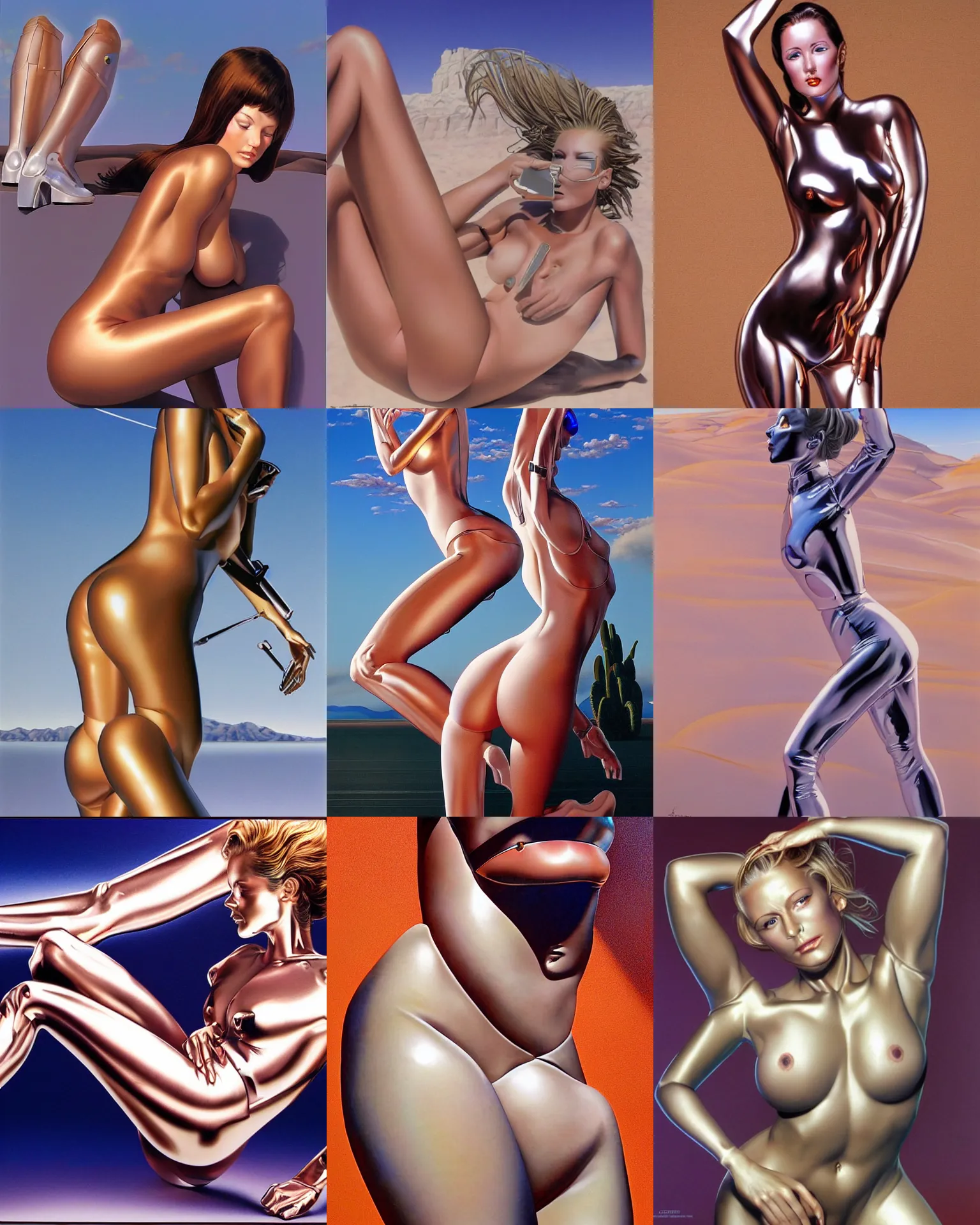 Prompt: mary louise, her skin is turning to chrome, desert and blue sky, airbrush art by hajime sorayama, futuristic