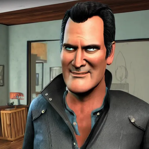 Image similar to a screenshot of bruce campbell in resident evil village. 3 d rendering. unreal engine. amazing likeness. very detailed. cartoon caricature