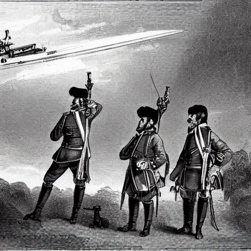 Prompt: grim Prussian soldiers looking at the spaceship in the sky