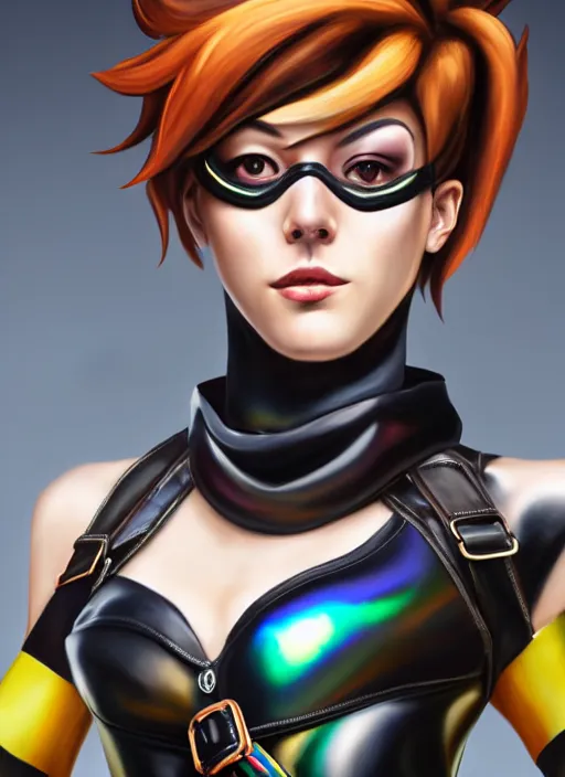 Image similar to oil painting digital artwork of tracer overwatch, confident pose, wearing black iridescent rainbow latex, 4 k, expressive happy smug expression, makeup, in style of mark arian, wearing leather collar, wearing sleek full body armor, black leather harness, expressive detailed face and eyes,