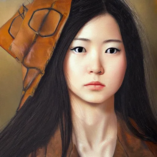 Prompt: perfect, realistic oil painting of close-up japanese young woman wearing leather jacket, in LOTR