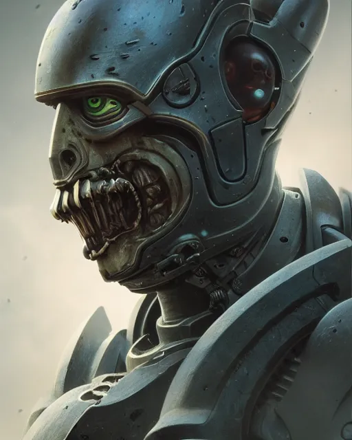 Image similar to hyper realistic portrait of heroic warhammer 4 0 k android head, cinematic, chaos marine, artstation, cgsociety, full head and shoulders, giger, beksinski, brom redshift, vray, octane