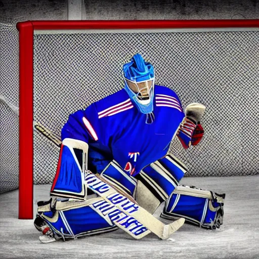 Image similar to Igor shesterkin in goal for the N.Y. Rangers 8k resolution hyperdetailed photorealism HDR