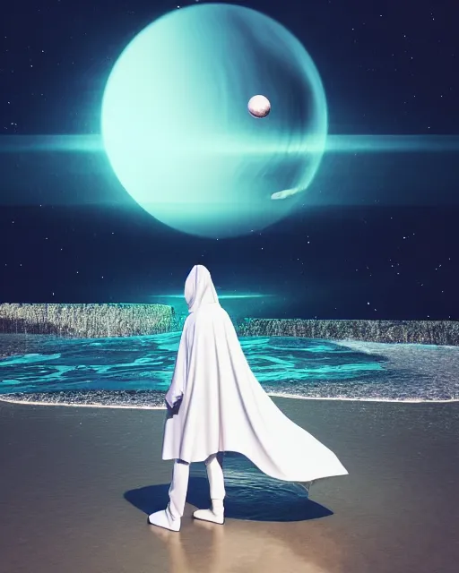 Image similar to a person wearing a white cloak that's blowing in the wind. they are standing in the water. a large planet with rings is visible in the sky. an album cover by stanley twardowicz, trending on cg society, retrofuturism, retrowave, chillwave, synthwave, 3 d render, unreal engine