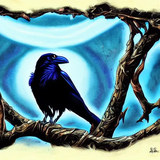 Image similar to raven, jioness, forest, blue flame, moon, art by Bryan Alfaro, award winning concept, highly detailed,