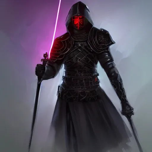 Prompt: portrait of an teenager in black ceremonial armor with a glowing black laser sword, D&D, fantasy, elegant, hopeful, muscular, highly detailed, digital painting, artstation, concept art, smooth, sharp focus, illustration