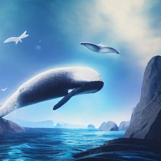 Prompt: a high quality octane render of a huge whale that has tiny small little fairy wings, the whale is flying over a landscape, the landscape consists of huge long mountains, with vibrant sky, vibrant water river, fully detailed, high quality, matte painting finish, trending on artstation, trending on deviant art, octane render, volumetric lightening, 3 d