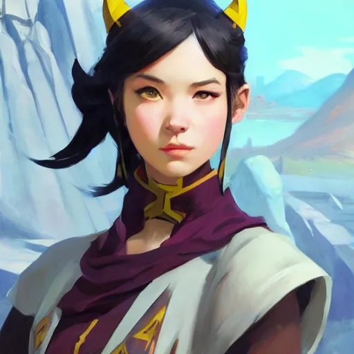 Image similar to greg manchess portrait of girl sorcerer as overwatch character, matte painting, bold shapes, hard edges, by huang guangjian, gil elvgren, sachin teng. in a beautiful landscape full of emotions, cgsociety masterpiece, artstation trending, by rossdraws, ghibli, kimi no na wa, greg rutkowski, simon stalberg, greg manchess