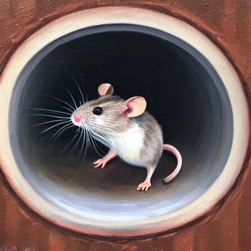 Prompt: A detailed shot of the interior of a mouse hole in the wall, wide shot, hyperealism, oil painting