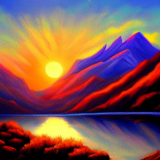 Image similar to beautiful mountain and a rising sun oil painting by spencergore