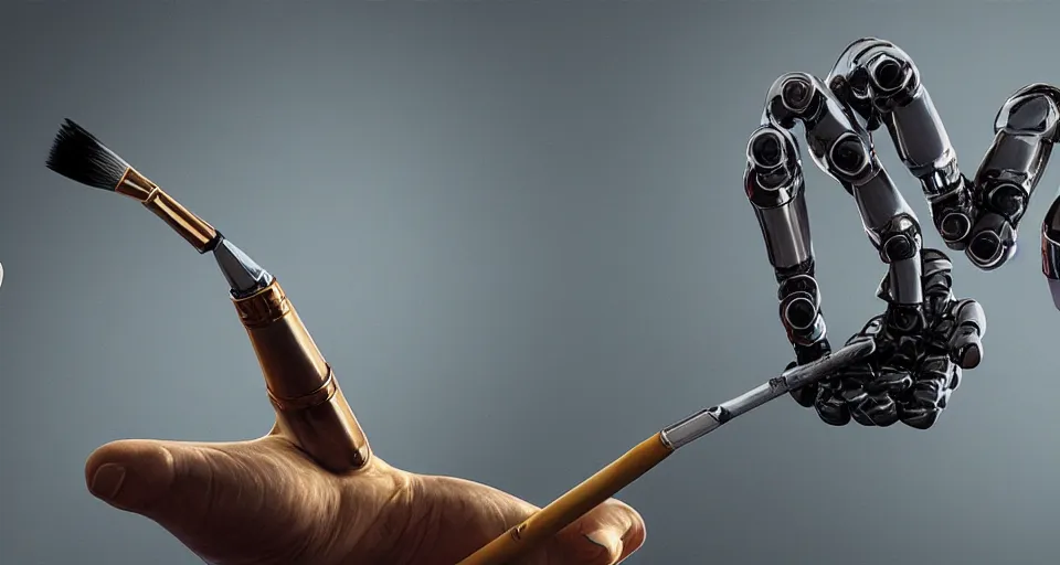 Image similar to a robot hand holding a paintbrush, cinematic, studio lighting, 4k, hyper detailed, realistic