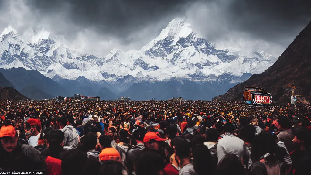 Prompt: Moody picture of the Annapurna mountain range, with a Burger King and crowds of people visible, landscape photography