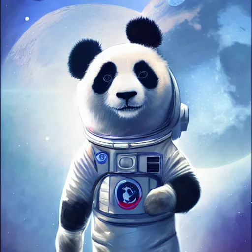 Image similar to a cute and adorable panda in an astronaut suit on the moon, warm lighting with cool shadows, digital painting, detailed, trending on artstation, in the style of dominik mayer thomas dubois, gaston bussiere, 8 k, octane render