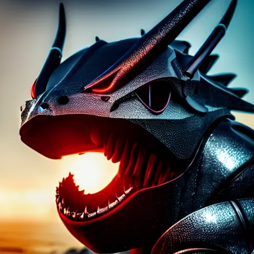 Image similar to close up maw shot, headshot, of a cute stunning robot anthropomorphic female dragon, with sleek silver armor, a black OLED visor over the eyes, looking at the camera, her dragon maw open in front of the camera, camera looking down into the maw, seeing the gullet, tongue, and teeth, about to consume the camera, on the beach at sunset, highly detailed digital art, furry art, anthro art, sci fi, warframe art, destiny art, high quality, 3D realistic, mawshot, Furaffinity, Deviantart