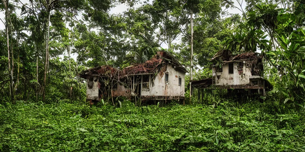 Image similar to abandoned sri lankan house, overgrown greenery, photography, dark