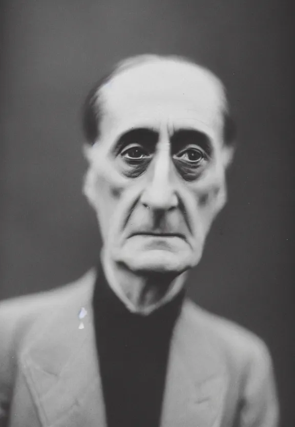Image similar to a close - up casual photo of marcel duchamp with pensive eyes, blurry, motion blur, 1 9 2 0 s monochrome snapshot, graflex 4 x 5, f 1. 8, 3 5 mm, ilford delta 3 2 0 0 pro, cyborg