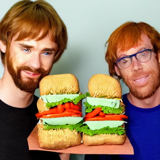 Image similar to realistic photo of scooby doo and shaggy with 2 foot high sandwiches