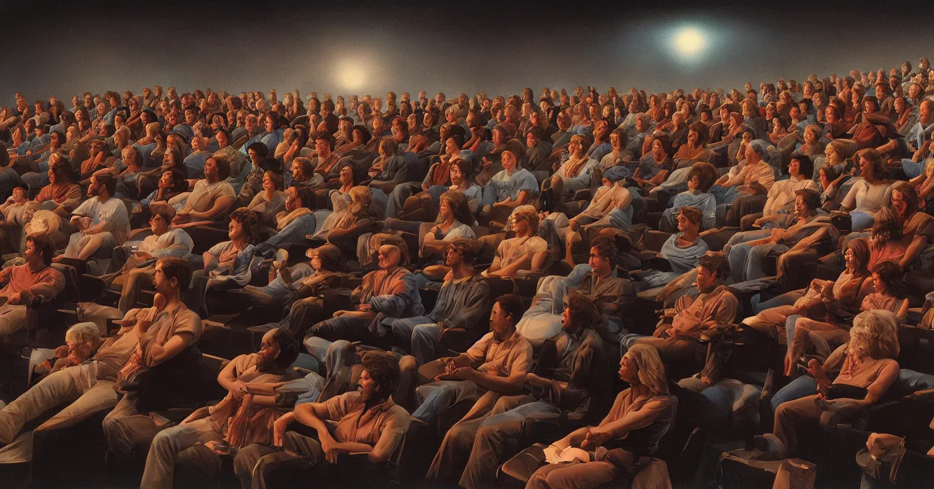 Image similar to rear view of the seated souls in the cinema trapped into illusion by watching volumetric light of consciousness projecting their lives in front of them on the big screen, realistic, deep sense of spirituality, visual plasticity, unreal engine quality, raytracing, vray shading, style of earl norem