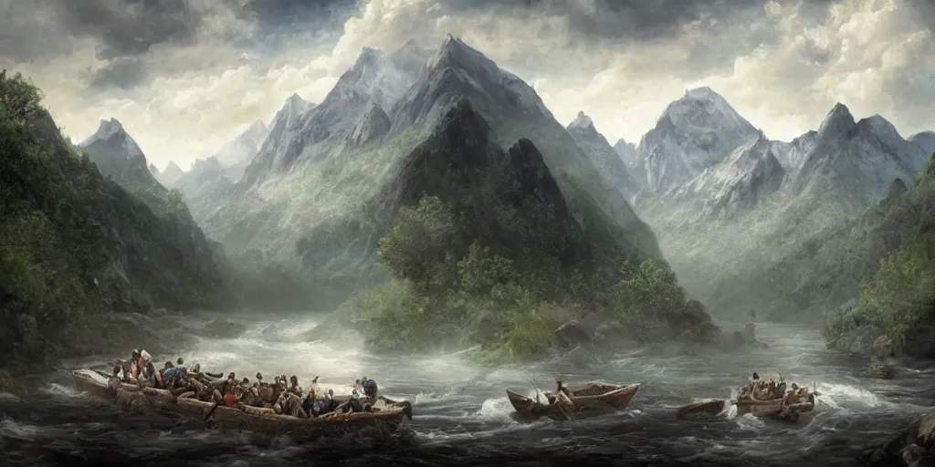 Prompt: A majestic landscape featuring a river, mountains and a forest. A small group of birds is flying in the sky. there is a group of man carrying a boat above their heads. Cinematic, very beautiful, painting in the style of Lord of the rings