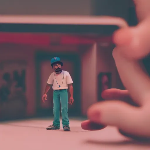 Image similar to a cinematic film still of a claymation stop motion film starring chance the rapper as a college student, shallow depth of field, 8 0 mm, f 1. 8