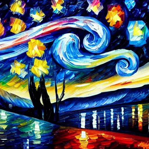 Image similar to starry night painting in the style of leonid afremov