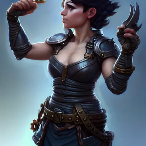 Image similar to muscular female gnome engineer artificer, iron gauntlets, short black hair, naval landscape, full body portrait, d & d, fantasy, intricate, elegant, highly detailed, digital painting, artstation, centred, rule of thirds, concept art, matte, sharp focus, illustration, cover by artgerm, art by greg rutkowski