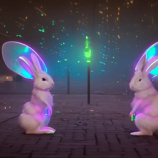 Image similar to neon fluorescent, iridescent cute bunny rabbits with fairy wings cyperpunk 2 0 7 7, unreal engine 5, 8 k ultra realistic, hyperdetailed, volumetric lighting, extremely high quality