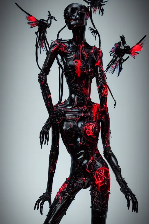 Image similar to full-body cyberpunk style sculpture of a young beautiful dark priestess, half android with a head opening exposing circuitry. glowing red eyes, black roses, flowing blood-red colored silk. fabric, candles. baroque elements, human skull. full-length view. baroque element. intricate artwork by caravaggio. crows flying in background. Trending on artstation, octane render, cinematic lighting from the right, hyper realism, octane render, 8k, depth of field, 3D