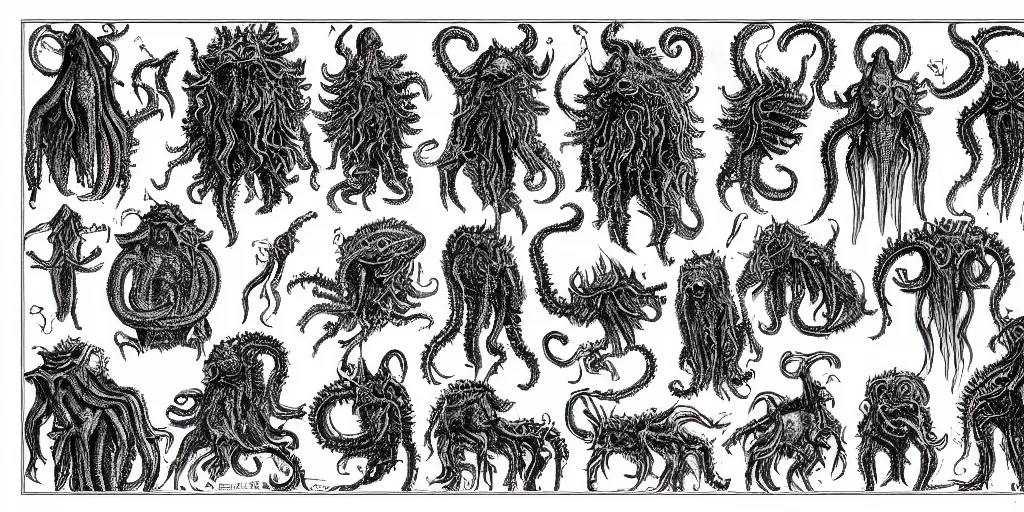 Image similar to detailing reference sheet of lovecraftian unnamed creatures in the style of copper plate etching by biologist